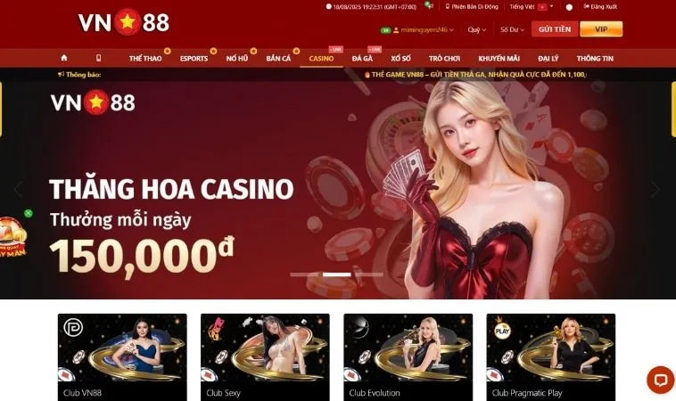 Sảnh Casino Online VN88 thiết kế giao diện đẹp, ấn tượng
